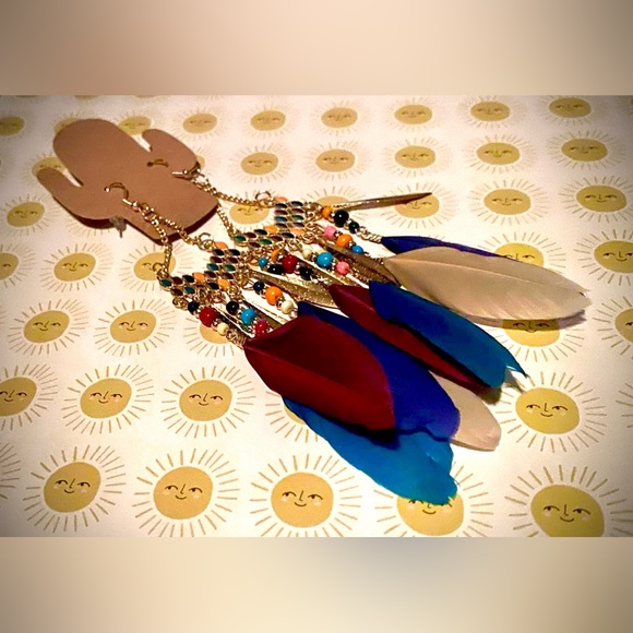 Jewel-Tone Bohemian Feather Earrings - Picture 1 of 3
